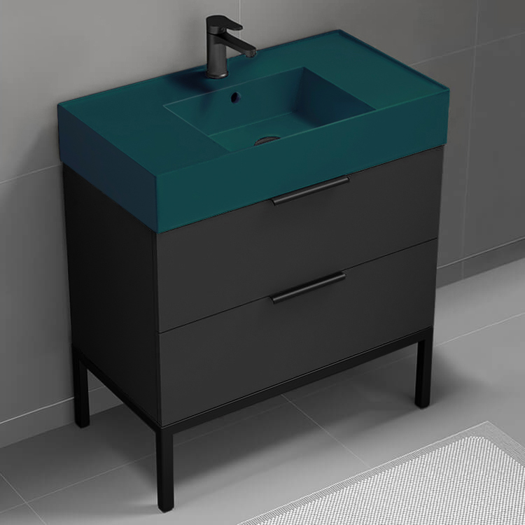 Nameeks DERIN307 Green Sink Bathroom Vanity, Matte Black, Modern, Free Standing, 32 Inch